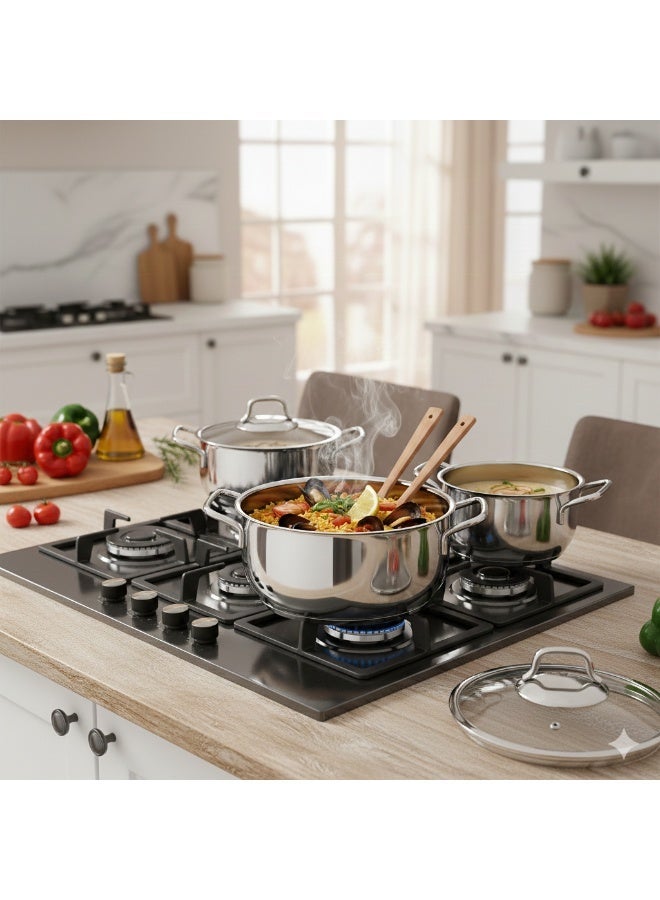 توب شيف طقم أواني طهي تركية من إستانلس استيل 18/10 مكون من 6 قطع، مقاس 16+18+20 سم، لون فضي - Image 5